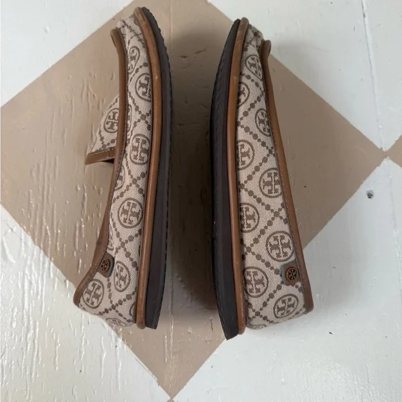 Tory Burch Beige and Tan Logo Canvas Slip-On Loafers - Picture 2 of 4
